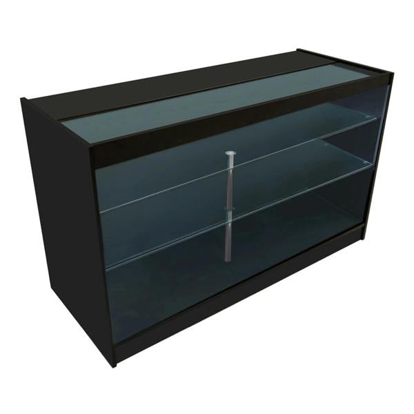 Astro LED shop counter set in black featuring a sleek design, glass shelves, and a modern finish, ideal for retail displays