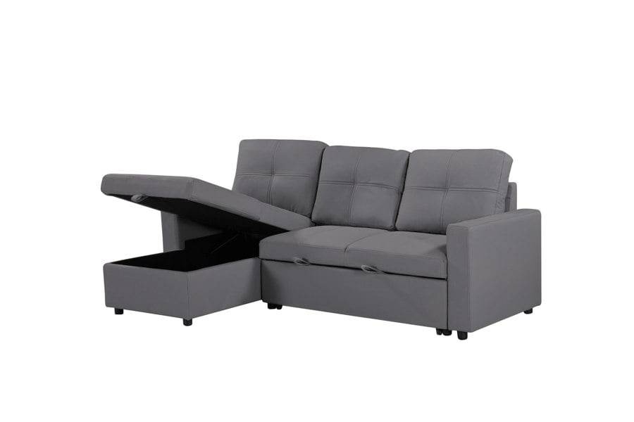 SQUAREBOXX Newport Leather 3 Seater Pullout Sofa Bed in Grey with Storage Compartment