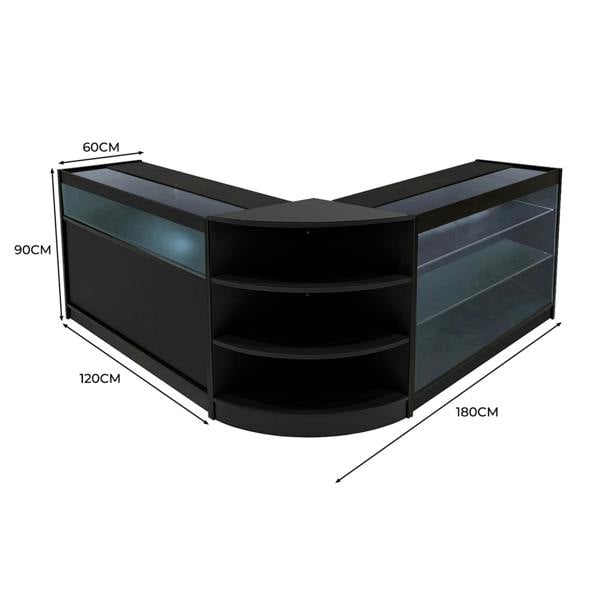Black Calliope LED shop counter set featuring curved design, glass shelves, and modern LED lighting, dimensions 180cm x 120cm x 90cm