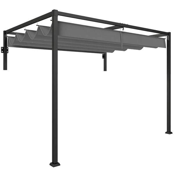 Dark grey steel lean-to pergola with retractable fabric canopy over open side