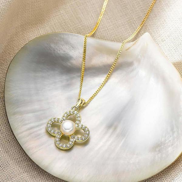 Pia Quatrefoil Pendant Necklace, Gold-Plated Pearl & Cubic Zirconia Pendant