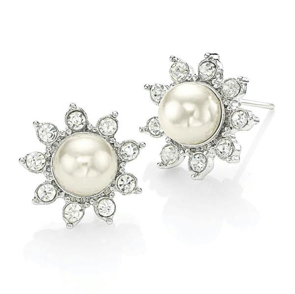 Pia Faux Pearl Stud Earrings, Silver-Tone Crystal Halo Studs