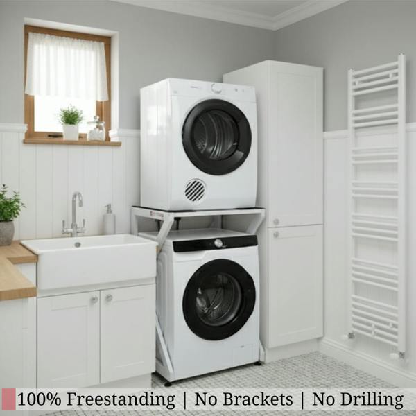 Stacked washer and dryer set on a dryer stand in a laundry room — freestanding, no brackets or drilling