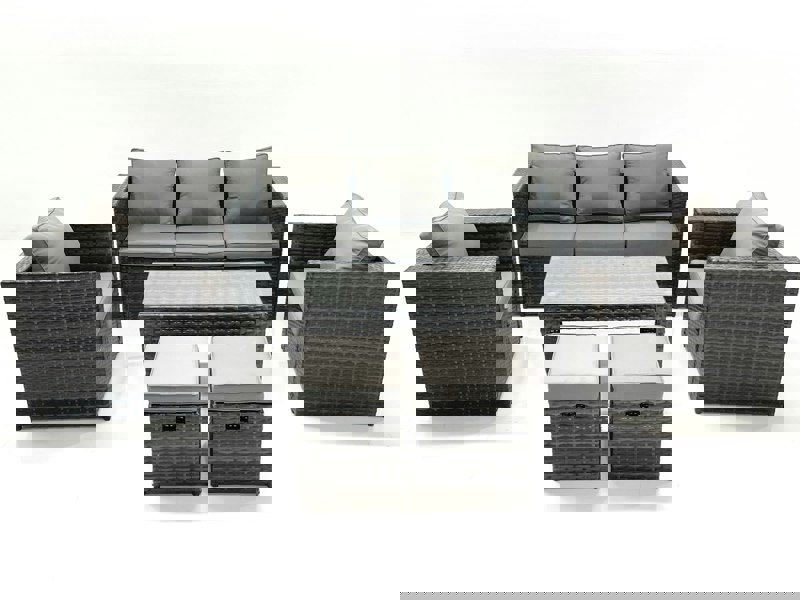 Fimous Rattan Garden Furniture Set Outdoor Lounger Sofa with Coffee Table 2 Armchair 2 Small Footstools Dark Grey Mixed