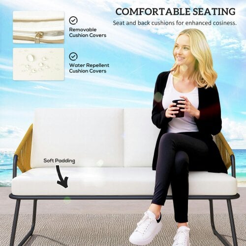 Wyld Haus Lupano Natural Rattan Rope White Cushions 4 Seater Outdoor Sofa Set with Square Table