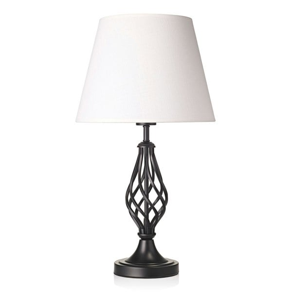 Traditional Matte Black Table Lamp with Barley Twist Base and White Linen Shade Image 1