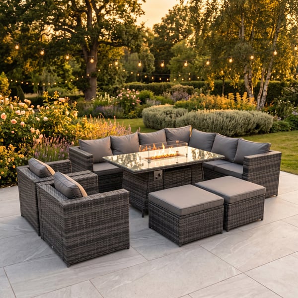 Fimous Garden Rattan Furniture Set 10 Seater Outdoor Corner Sofa 2 Chair Gas Fire Pit Dining Table Set with 2 Big Stools Dark Grey
