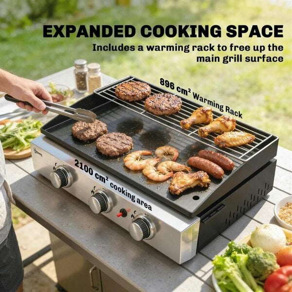 Bobobiy 3 Burner Grill Griddle, Portable Gas Plancha with Warming Rack, 7.5 kW, Tabletop Gas BBQ with Grease Cup, Black