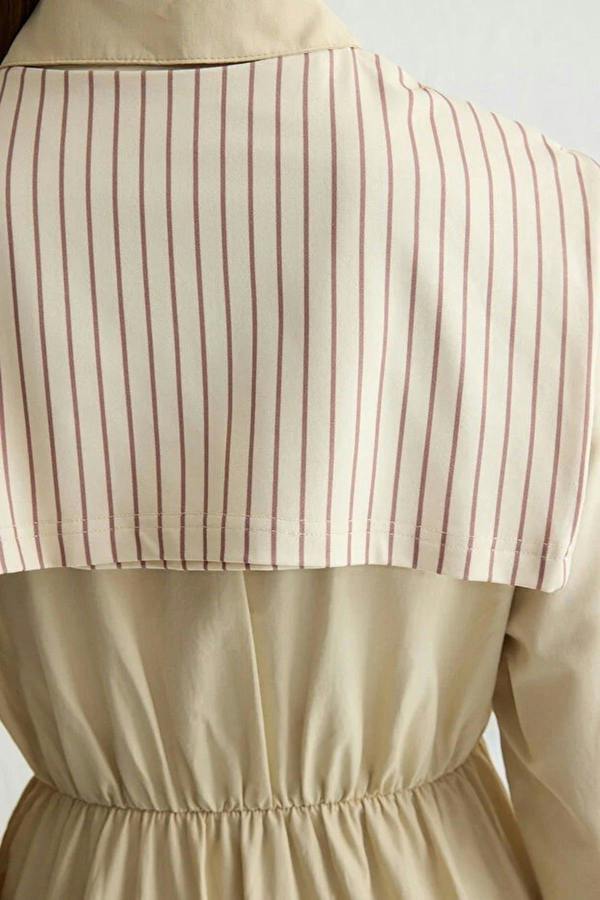 Striped Shirt Collar Long Sleeve Midi Dress with Scarf Detail