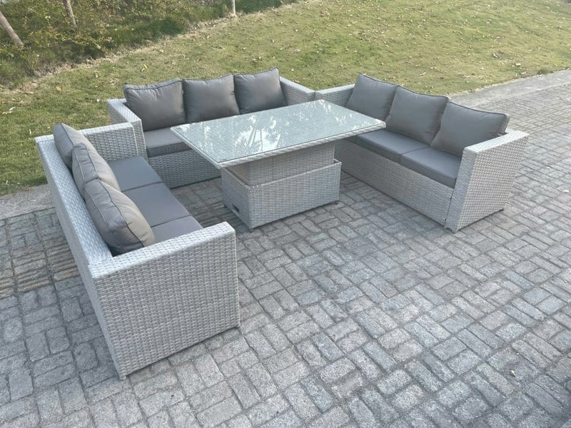 Fimous Lounge Rattan Garden Furniture Set Height Adjustable Rising Lifting Table Dining Set