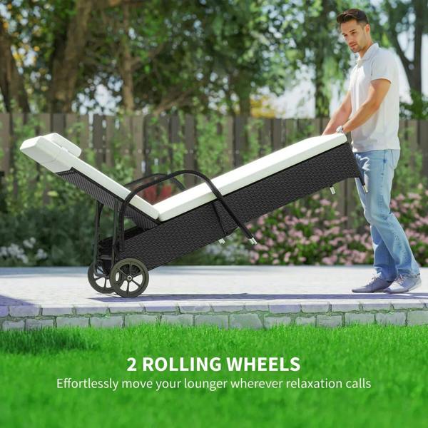 Black rattan sun lounger with white cushion and rolling wheels