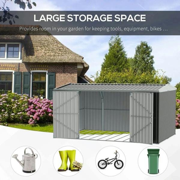 Grey metal garden storage shed with open double doors for tools and bike storage