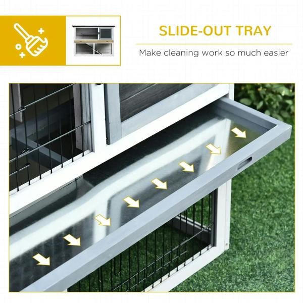 Two-tier wooden hutch with front slide-out cleaning tray beneath the wire lower cage