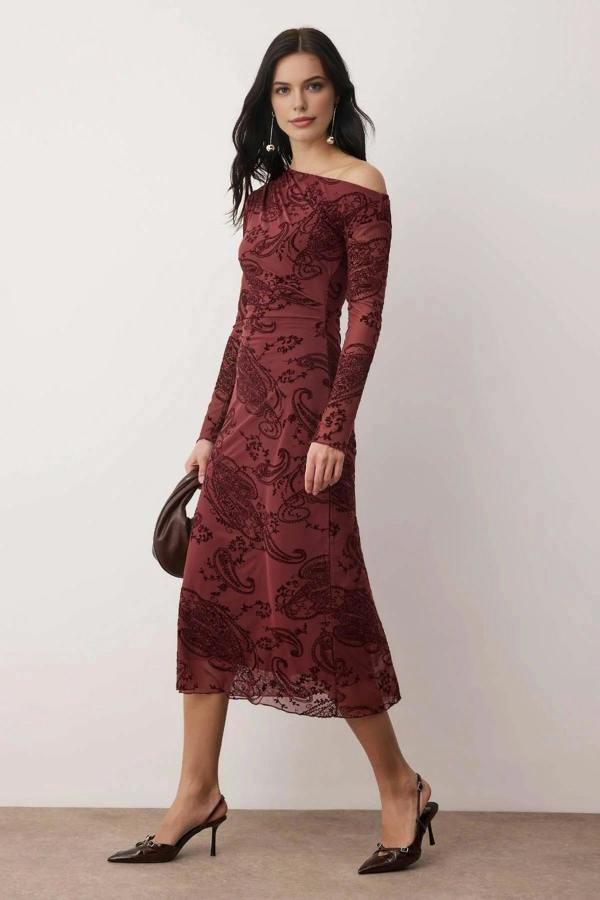 WOVCOR Dropped Sleeve Bodycon Flocked Tulle Midi Knit Dress