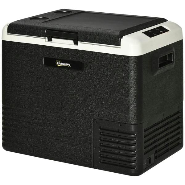 Portable car refrigerator cooler with black body and white lid, top handle and side vent