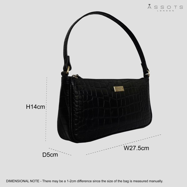 Assots London 'ZARA' Black Croc Real Leather Baguette Shoulder Bag