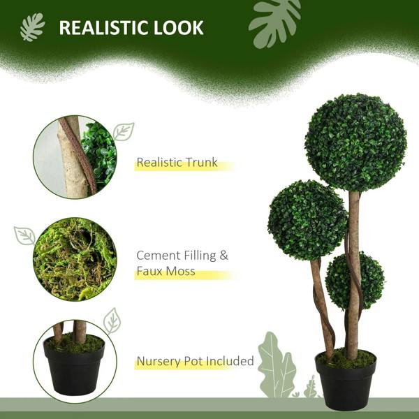 Artificial boxwood ball topiary tree with dark green spheres and textured trunks, in black pot
