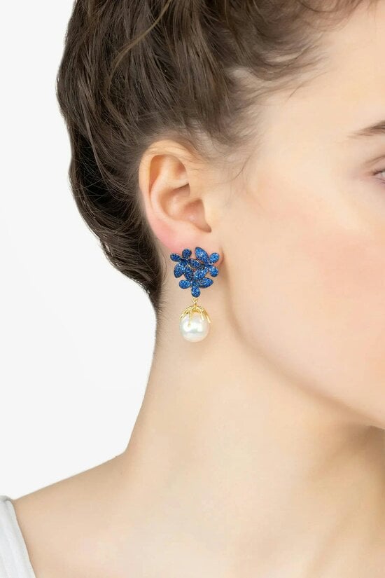 Latelita Flowers Pearl Earrings Sapphire Blue Gold