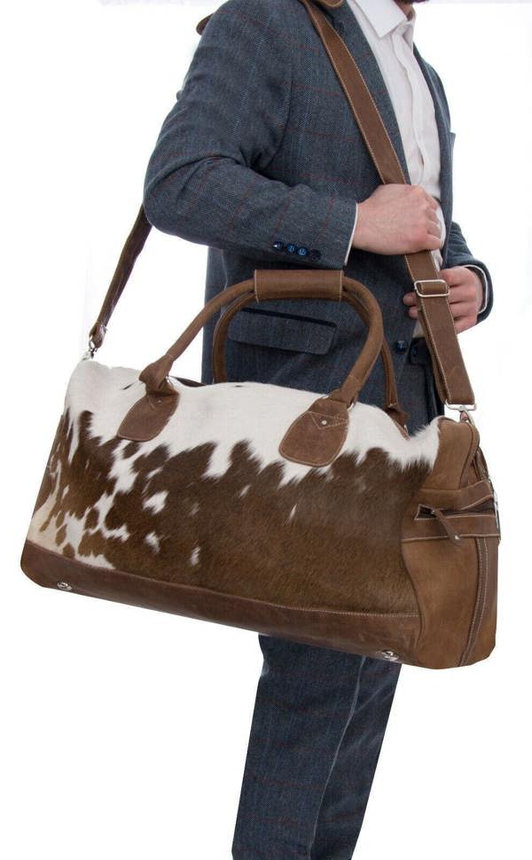 Infinity Leather Deluxe Leather Holdall  Bag Genuine Cowhide & Cow Fur Weekend Duffel Travel