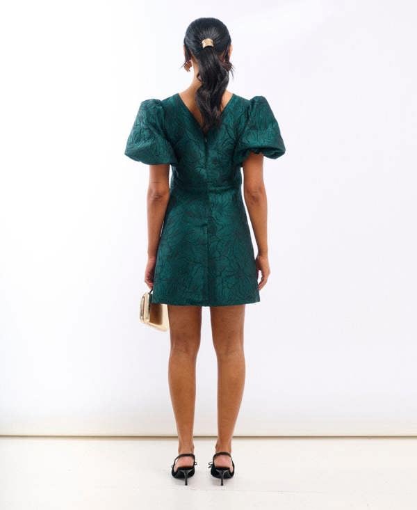 Needs No Label Green Jacquard Puff Sleeve Mini Dress