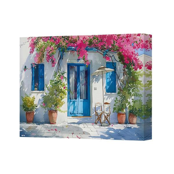 Benjamin Tate Design Mediterranean Patio Scene Canvas Art With Blue Door Bougainvillea And Umbrella