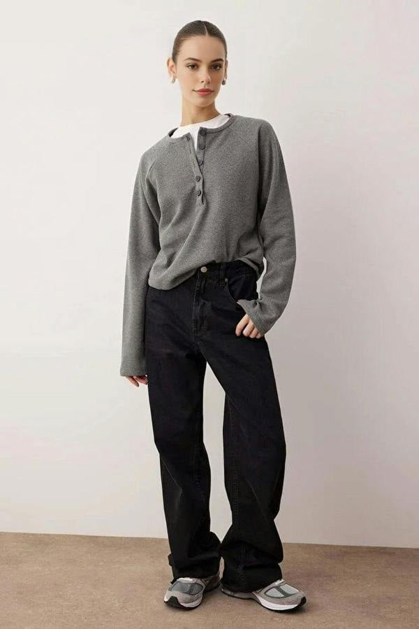 WOVCOR Half-Placket Thick Knit Blouse
