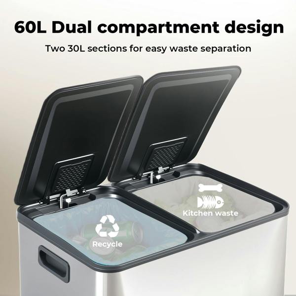 Toque 60L Pedal Bin Stainless Steel Kitchen Trash Waste Can Recycling Dustbin