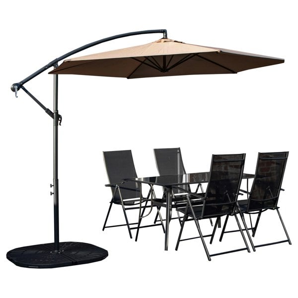 Samuel Alexander Outdoor 4 Person Rectangular Glass Top Garden Dining Table Chairs With Beige Banana Parasol and Base