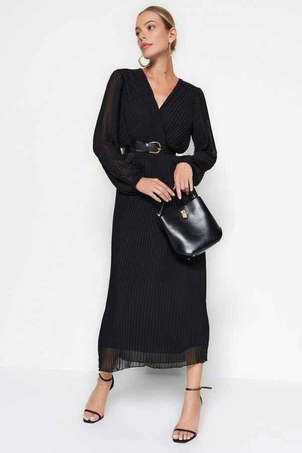 Belted A-Line Pleated Maxi Dress
