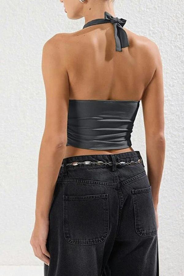 WOVCOR Halter Neck Patterned Fitted Crop Knit Blouse