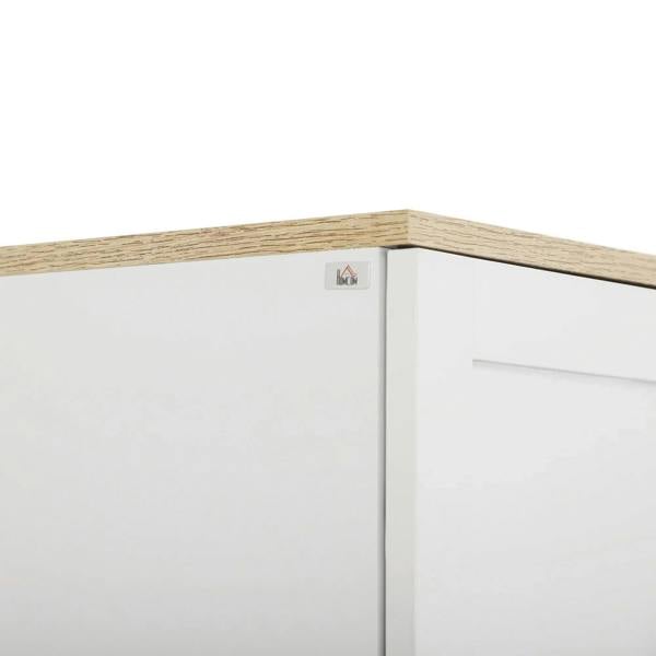 White kitchen cabinet top corner with light wood edge and metal join detail.