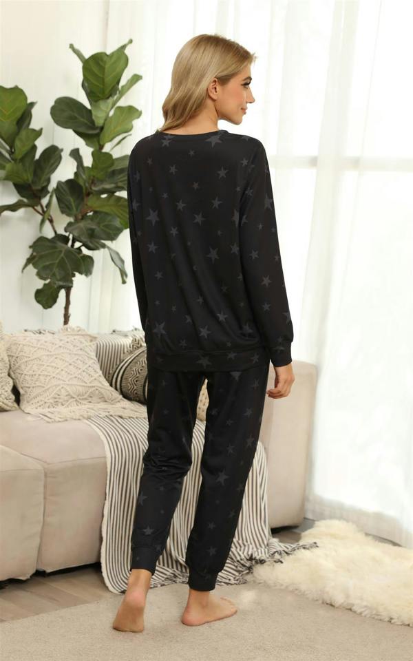 FS Collection Grey Star Print Loungewear Co Ord Set In Black