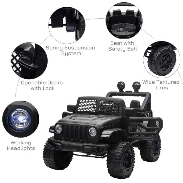 Black kids electric ride-on car with working headlights, spring suspension, and wide textured tires