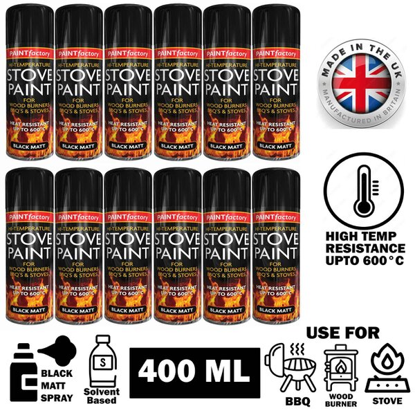 Paint Factory 12X High Temp Black Stove Spray Paint 400ml