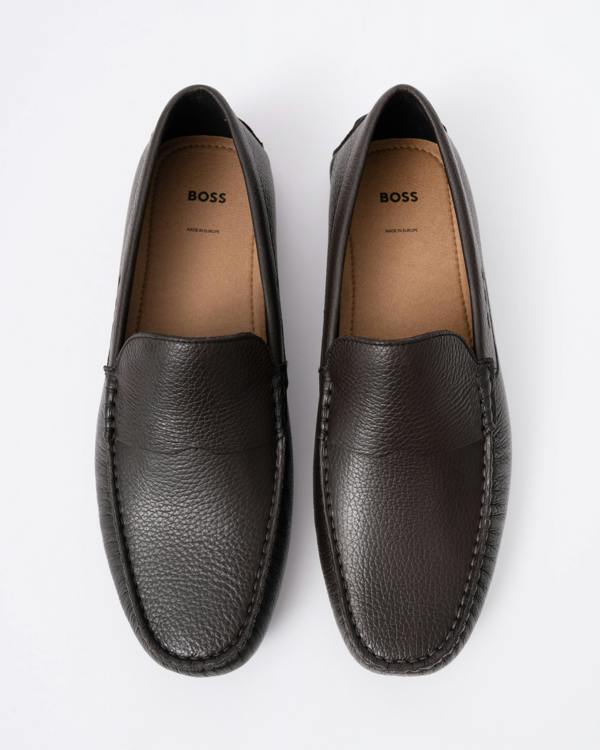 BOSS Orange Noel Mens Tumbled - Leather Loafers with Driver Sole - Dark Brown 201 | CHO | Designer Mens Shoes
