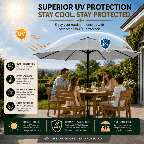 GlamHaus Garden Parasol Table Umbrella 2.7M with Crank Handle, UV40 Protection, Free Protection Cover, Robust Steel - Light Grey
