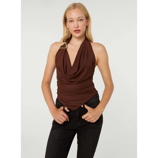 Pink Vanilla Diamante Hardware Rib Cowl Neck Hanky Hem Top