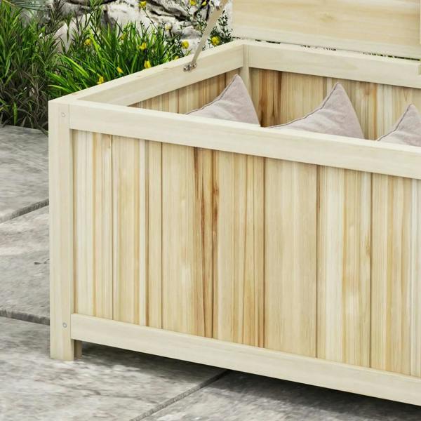 Natural wooden outdoor storage box with open lid and cushioned seat inside