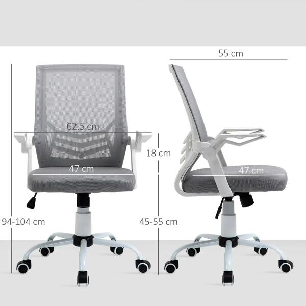 Grey mesh office chair with padded seat, flip-up armrests and height/dimension guide