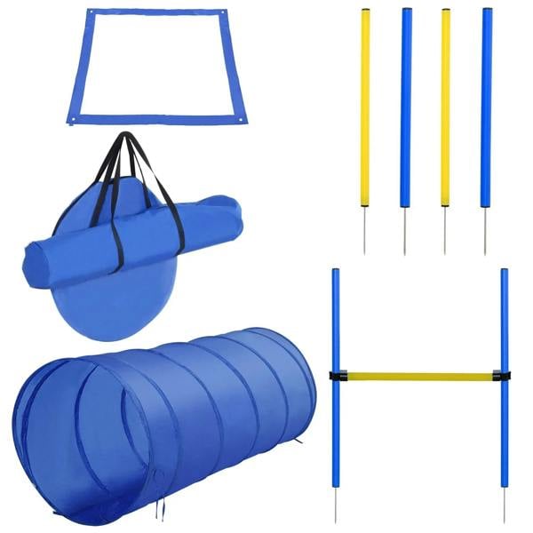 Blue dog agility training set with pause box frame, tunnel bag, and weave poles