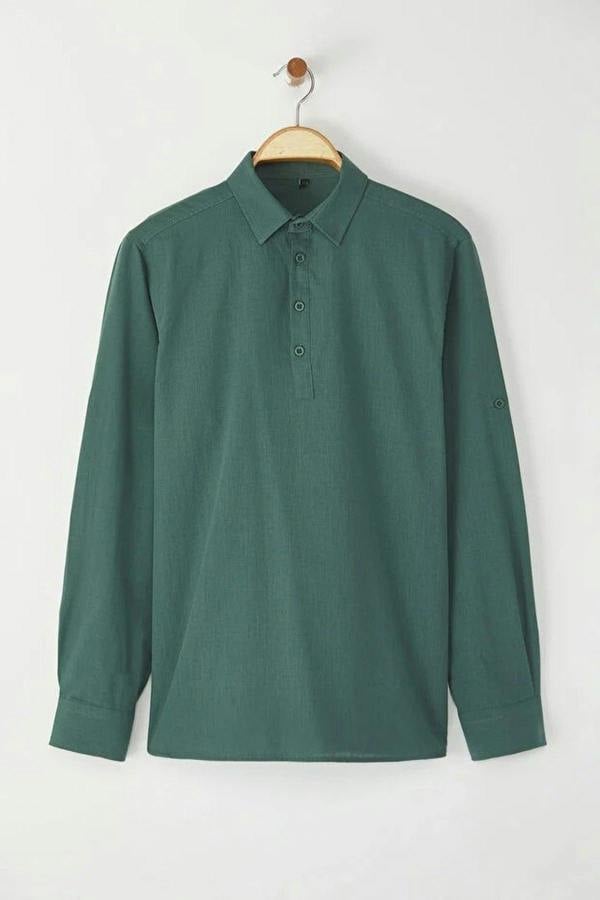WOVCOR Regular Half Placket 100% Cotton Flamed Linen Look Men’s Shirt