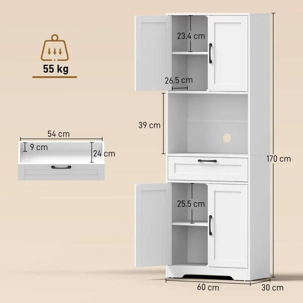 170 cm Tall Kitchen Pantry with Adjustable Shelves, Freestanding Storage Cabinet with Open Shelf, White Wood Effect