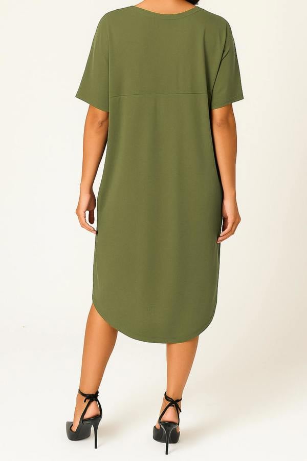 Hoxton Gal Relaxed Fit V-Neck Batwing Sleeve Midi Dress Kaftan Style in Khaki