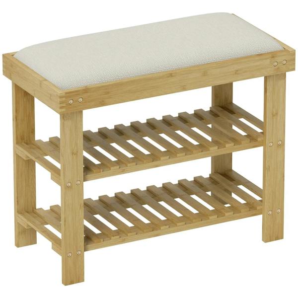 Wooden bamboo shoe storage bench with gray seat cushion and 3-tier shoe rack