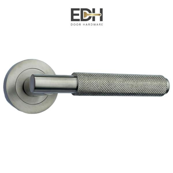 EDH Door Hardware Satin Nickel Knurled Door Handles on Round Rose – Modern Internal Lever Handle