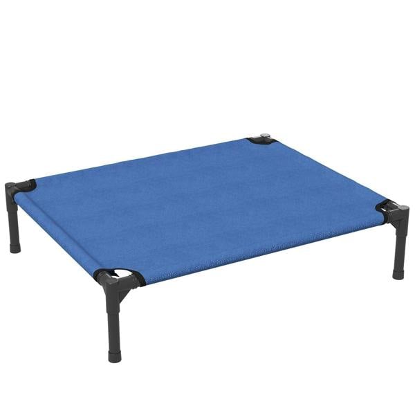 Blue elevated pet bed with black metal legs and fabric sleeping surface