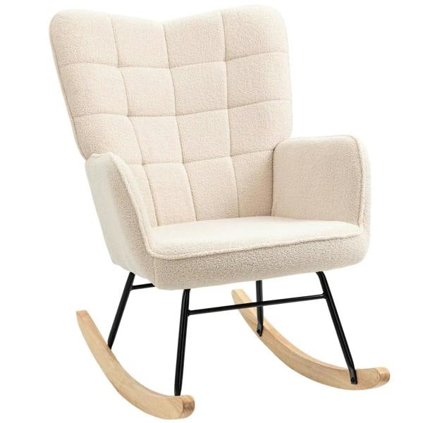 Beige wingback nursery glider rocker chair with plush checkered fleece seat