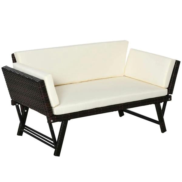 Brown rattan 2-seater convertible sofa daybed with cream seat and back cushions