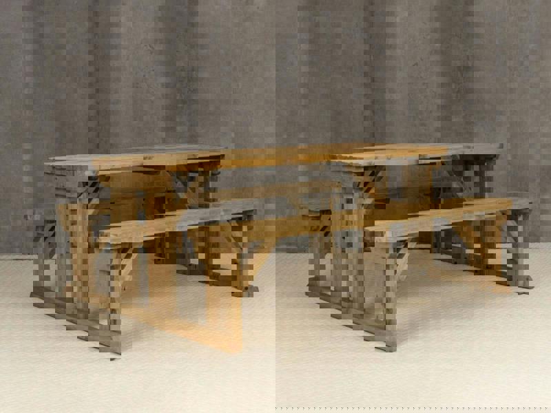 Abies Rounded Picnic Table and Benches Set - Rustic Finish Wooden Outdoor Dining Set for Gardens and Patios