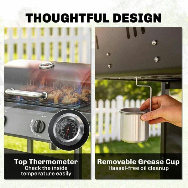 Bobobiy Gas Burner Barbecue Grill, 2 Burner Gas Grill with Side Tables, Warming Rack, Shelf, Thermometer, Grease Tray, Black